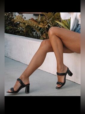 Women’s Black Braided Strap Heels Size 8.5 | 3.5” Block Heel |Square Toe Sandals
